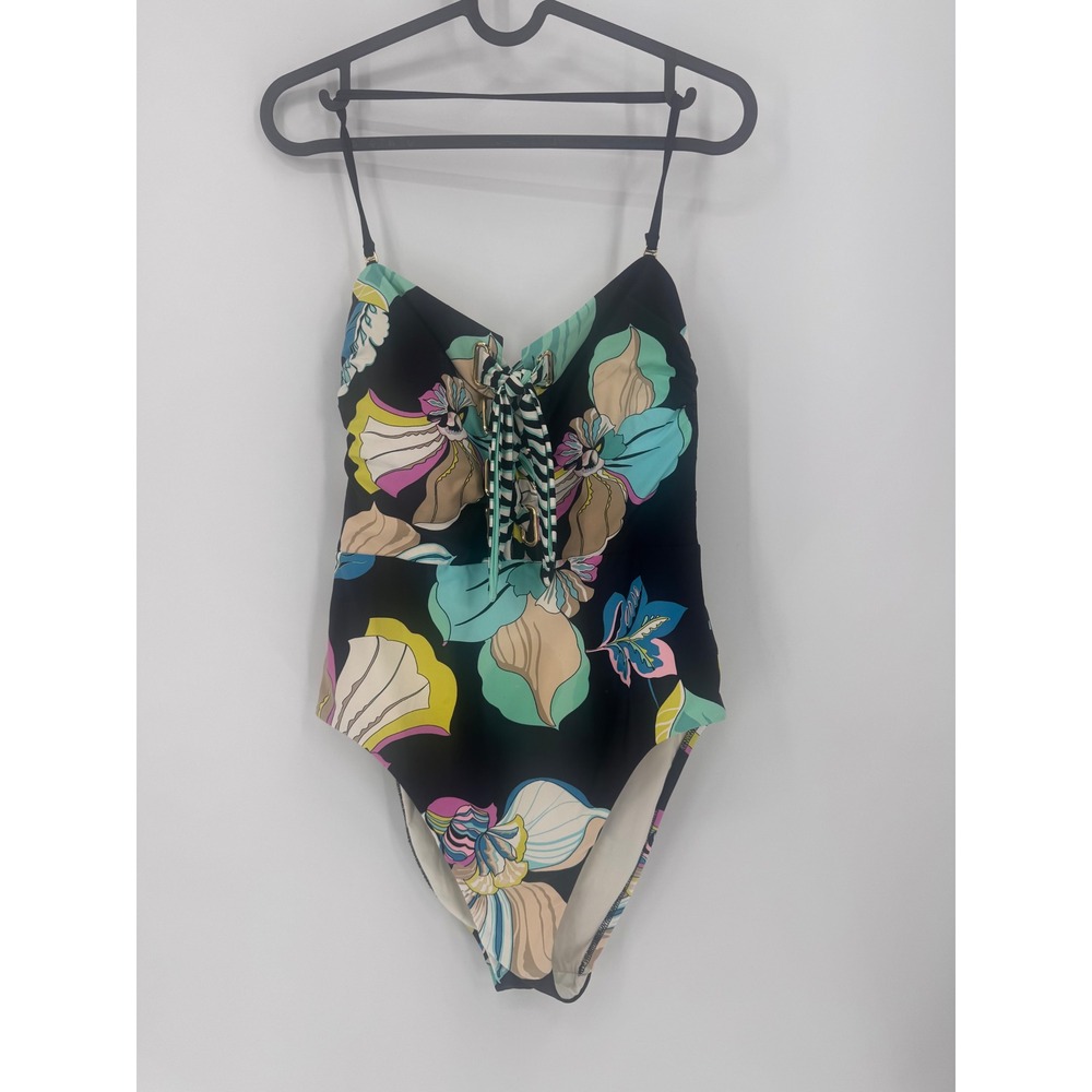 Trina Turk Sintra One Piece Swimsuit Womens Size 8 Black Floral Lace Up Halter